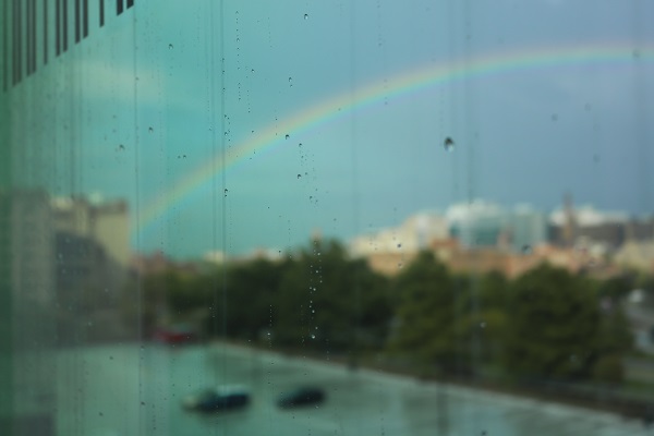 Rainbow over parking garage